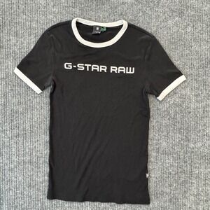 G-Star RAW Ringer T-Shirt Mens S Black White Logo Tee‎ Casual Streetwear Fit